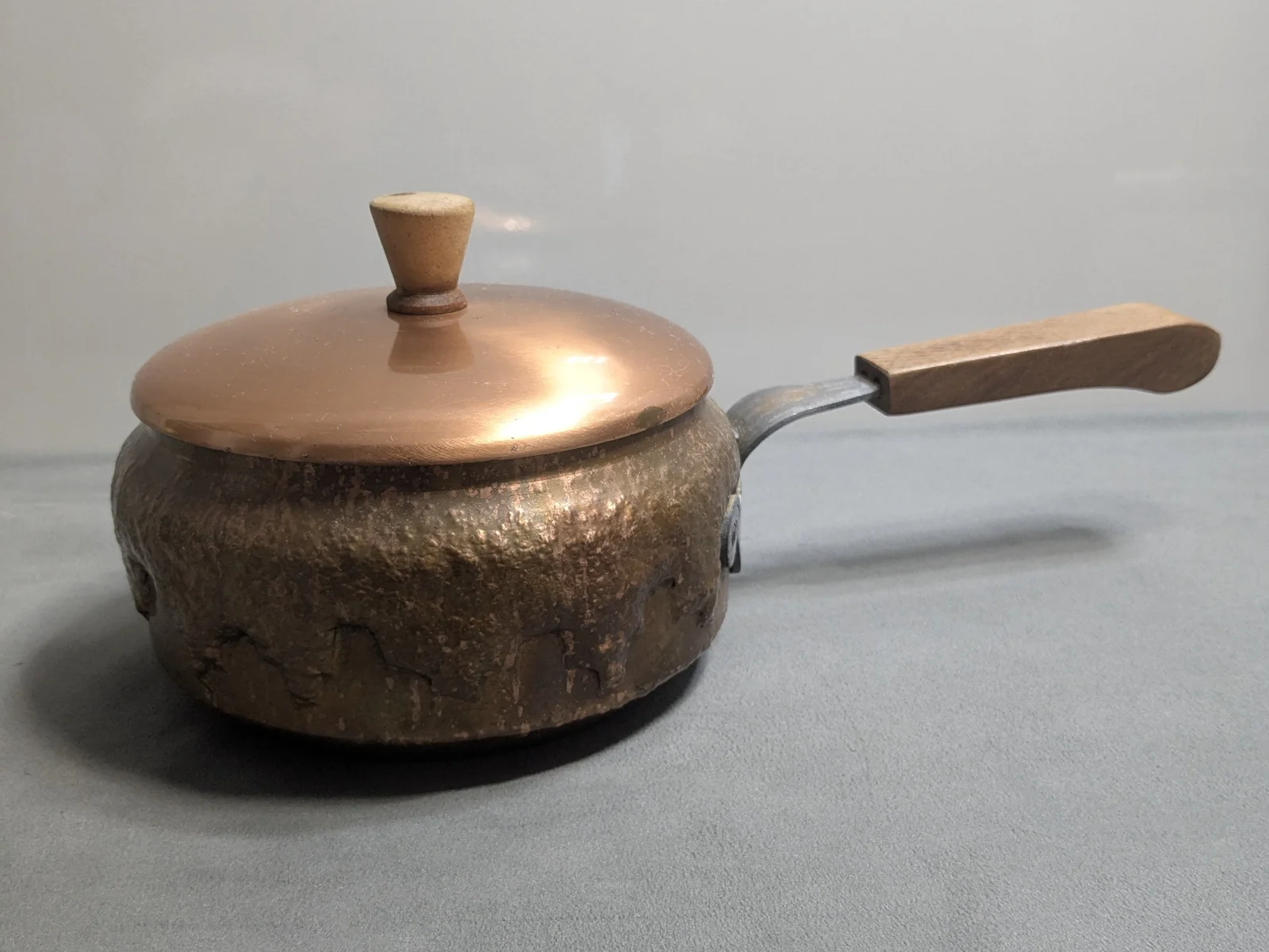 Historische Kupferpfanne mit Deckel 16cm Verzinnt Gehämmert Holzgriff Kupfer Topf